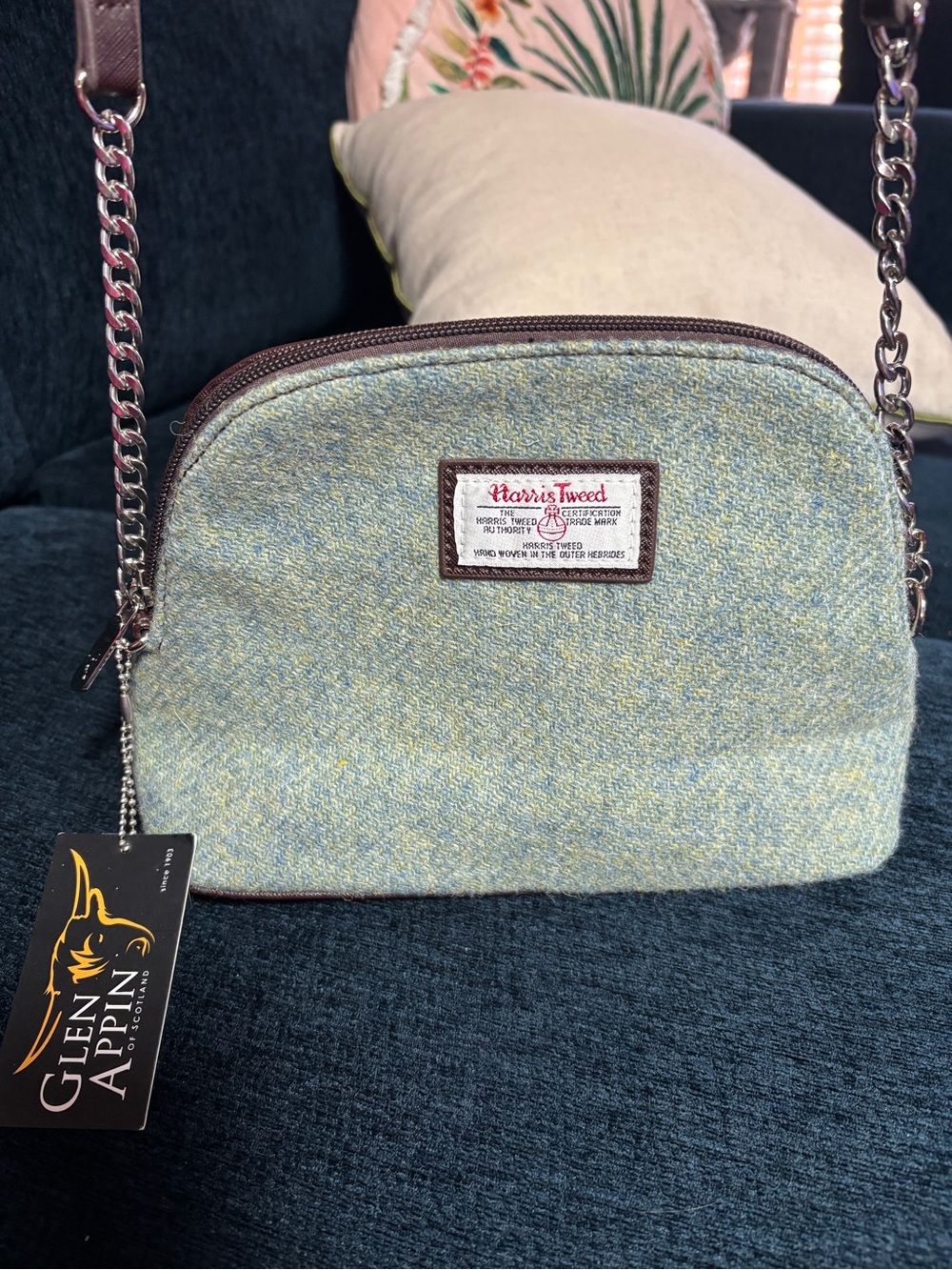 Harris Tweed Light Blue-Green Tweed Crossbody Bag with Brown Trim